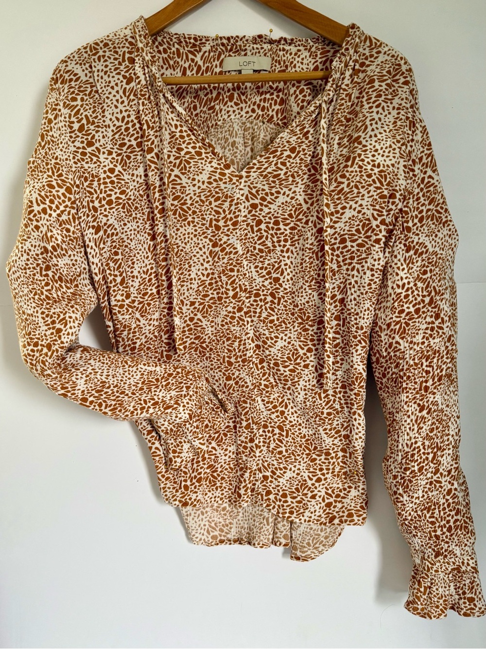 LOFT Cream and Brown Animal Print Long Sleeve Blouse